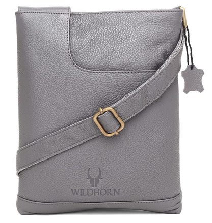 Genuine leather sling crossbody bag men grey front view antique brass buckle — bags.mu Mauritius