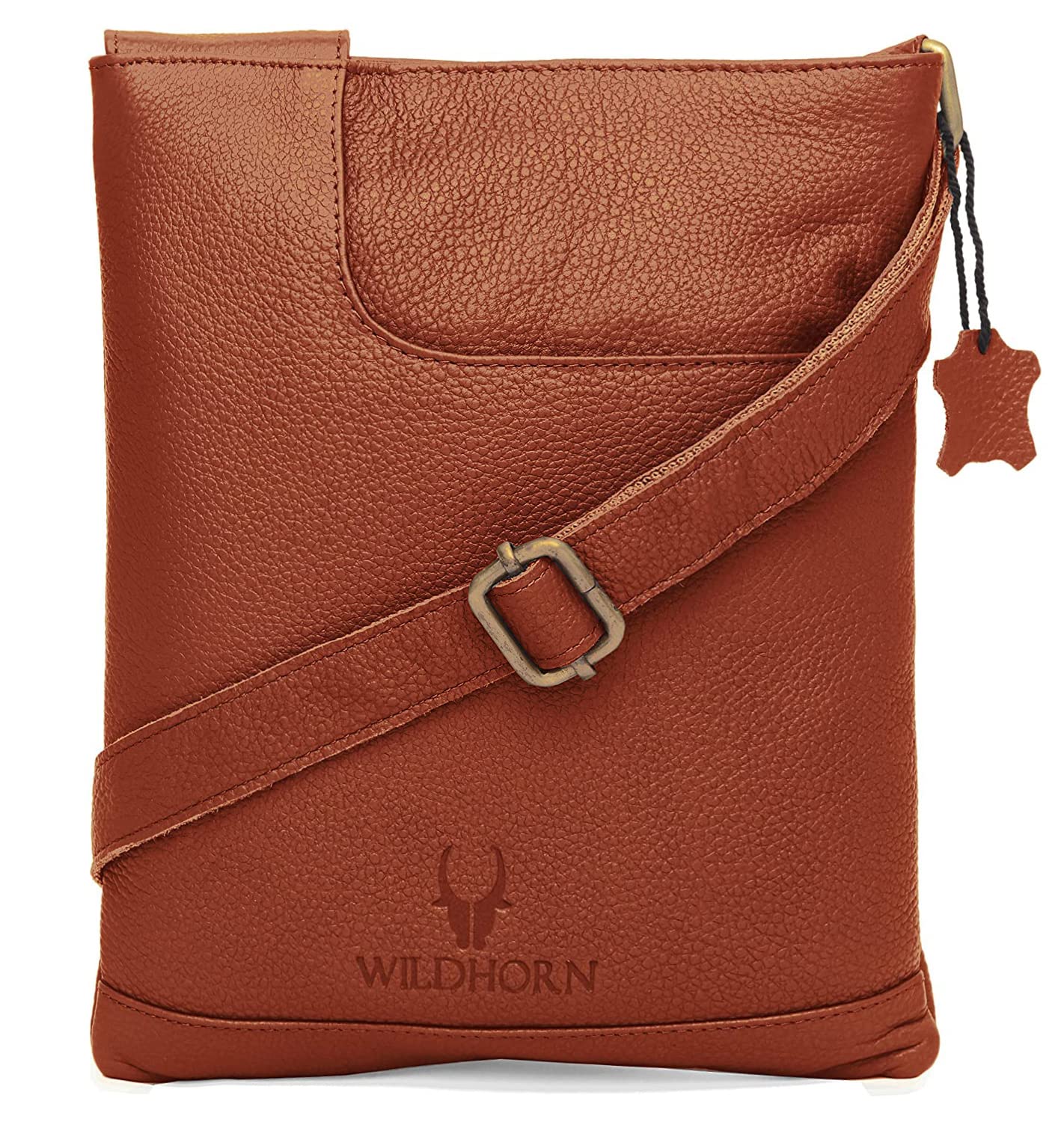 Genuine leather sling crossbody bag men tan front view — bags.mu Mauritius