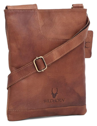 Genuine leather sling crossbody bag men tan vintage side angle adjustable brass strap — bags.mu Mauritius