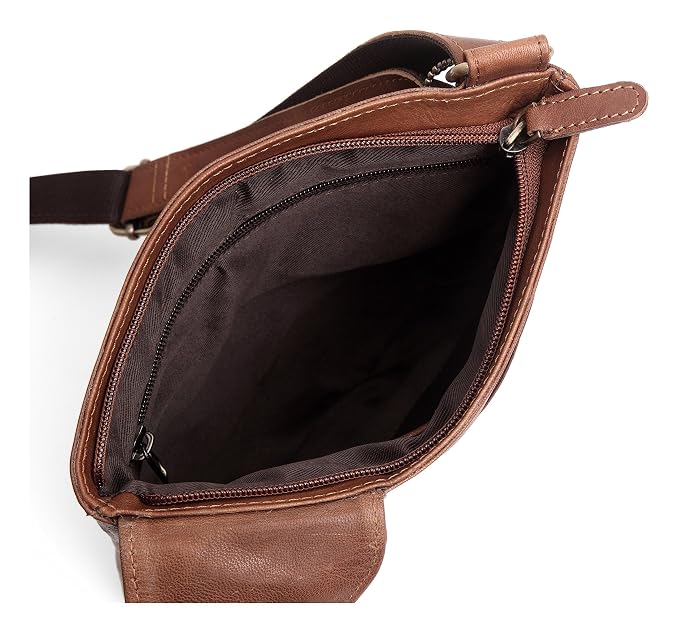 A brown leather crossbody bag shown open, displaying its dark brown interior lining and zipper compartments, set against a plain white background.