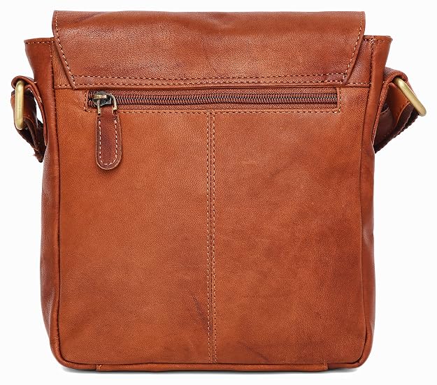 A brown faux-leather crossbody bag with a front zippered pocket, brass-tone hardware, and a matching shoulder strap, shown against a plain white background.