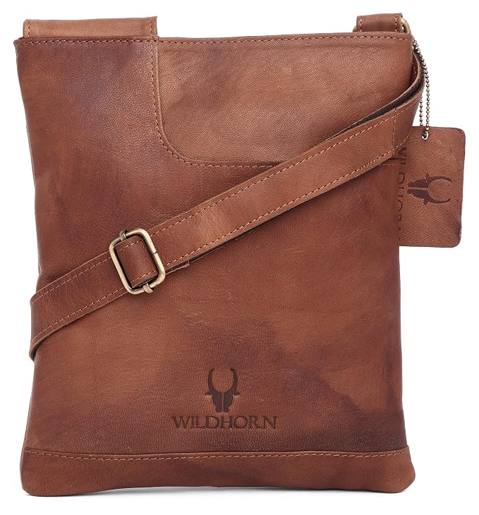 Genuine leather sling crossbody bag men tan vintage front view antique brass buckle — bags.mu Mauritius