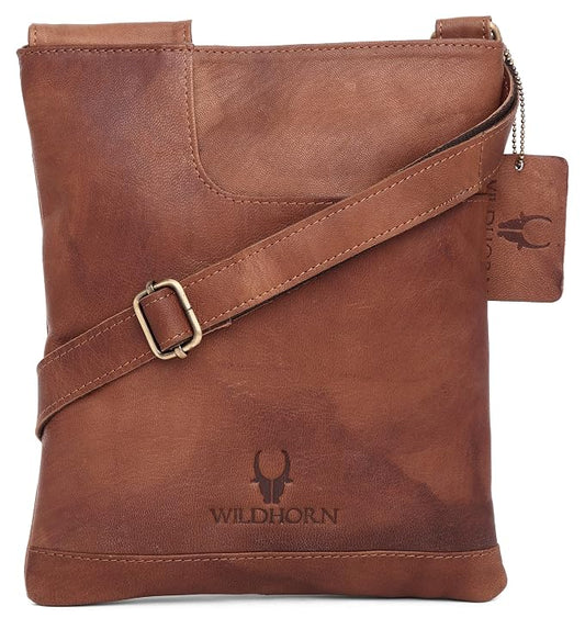 Genuine leather sling crossbody bag men tan vintage front view antique brass buckle — bags.mu Mauritius