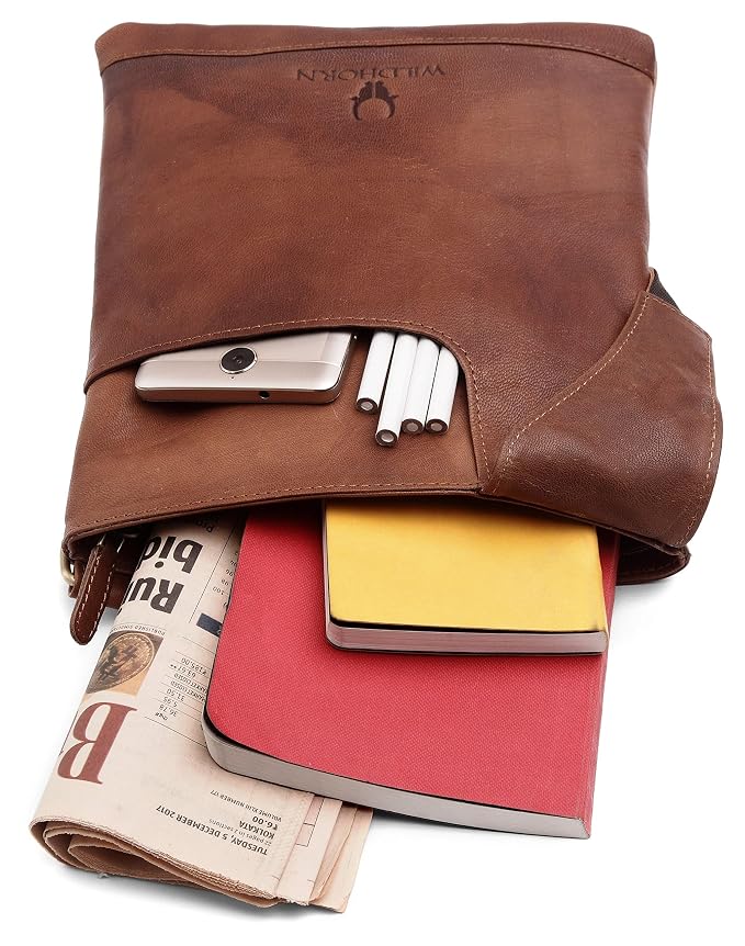 Genuine leather sling bag men tan vintage interior navy lining zip compartment — bags.mu Mauritius