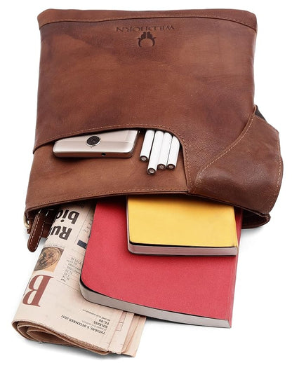 Genuine leather sling bag men tan vintage interior navy lining zip compartment — bags.mu Mauritius