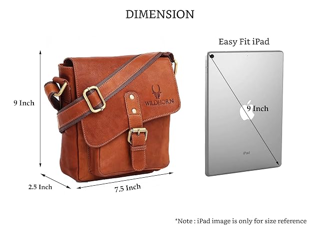 A brown leather crossbody bag with dimension markings showing 9 inch height, 7.5 inch width, and 2.5 inch