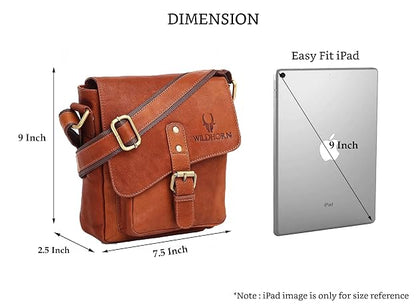 A brown leather crossbody bag with dimension markings showing 9 inch height, 7.5 inch width, and 2.5 inch