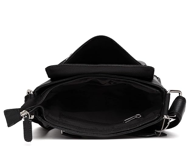 Black leather crossbody bag shown open to display the interior compartment, zipper, and strap attachment on a white background.