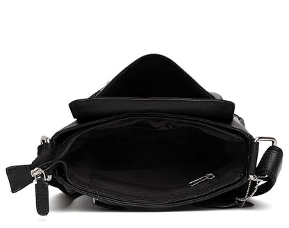 Black leather crossbody bag shown open to display the interior compartment, zipper, and strap attachment on a white background.