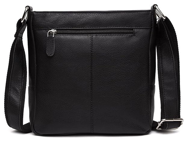 Black pebbled leather crossbody bag with a front zip pocket and adjustable shoulder strap, shown on a plain white background.