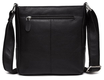 Black pebbled leather crossbody bag with a front zip pocket and adjustable shoulder strap, shown on a plain white background.