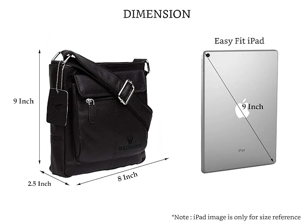 A black leather crossbody bag shown with dimension labels indicating 9 inch height, 8 inch width, and 2.5 inch depth, alongside an iPad used as a size reference on a white background.