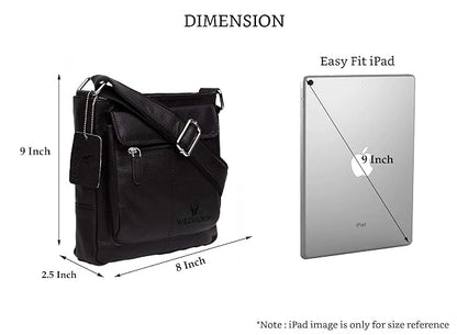 A black leather crossbody bag shown with dimension labels indicating 9 inch height, 8 inch width, and 2.5 inch depth, alongside an iPad used as a size reference on a white background.
