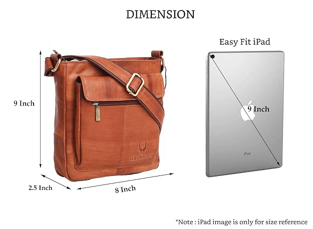 Brown leather crossbody bag shown with dimension labels indicating 9 inch height, 2.5 inch depth, and 8 inch width, alongside a silver iPad used for size reference under the text 'Easy Fit iPad'.