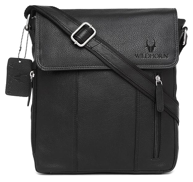 WildHorn genuine leather sling bag men black angle view adjustable strap — bags.mu Mauritius