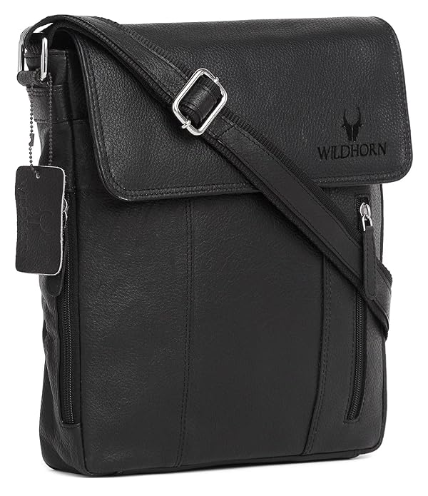 WildHorn genuine leather sling bag men black front flap closure silver hardware — bags.mu Mauritius