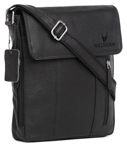 WildHorn genuine leather sling bag men black front flap closure silver hardware — bags.mu Mauritius