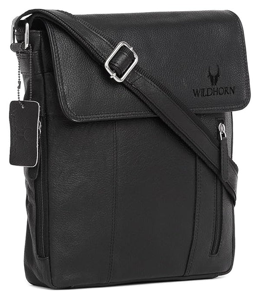 WildHorn genuine leather sling bag men black front flap closure silver hardware — bags.mu Mauritius