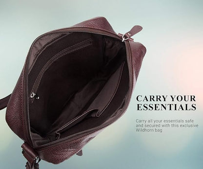 WildHorn genuine leather sling messenger bag men brown detail zipper hardware close — bags.mu Mauritius