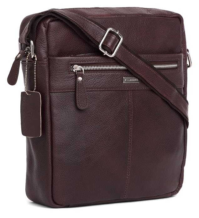 WildHorn genuine leather sling messenger bag men brown front angle silver hardware — bags.mu Mauritius