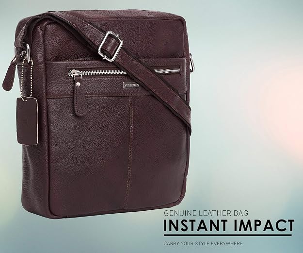 WildHorn genuine leather sling messenger bag men brown interior compartments open — bags.mu Mauritius