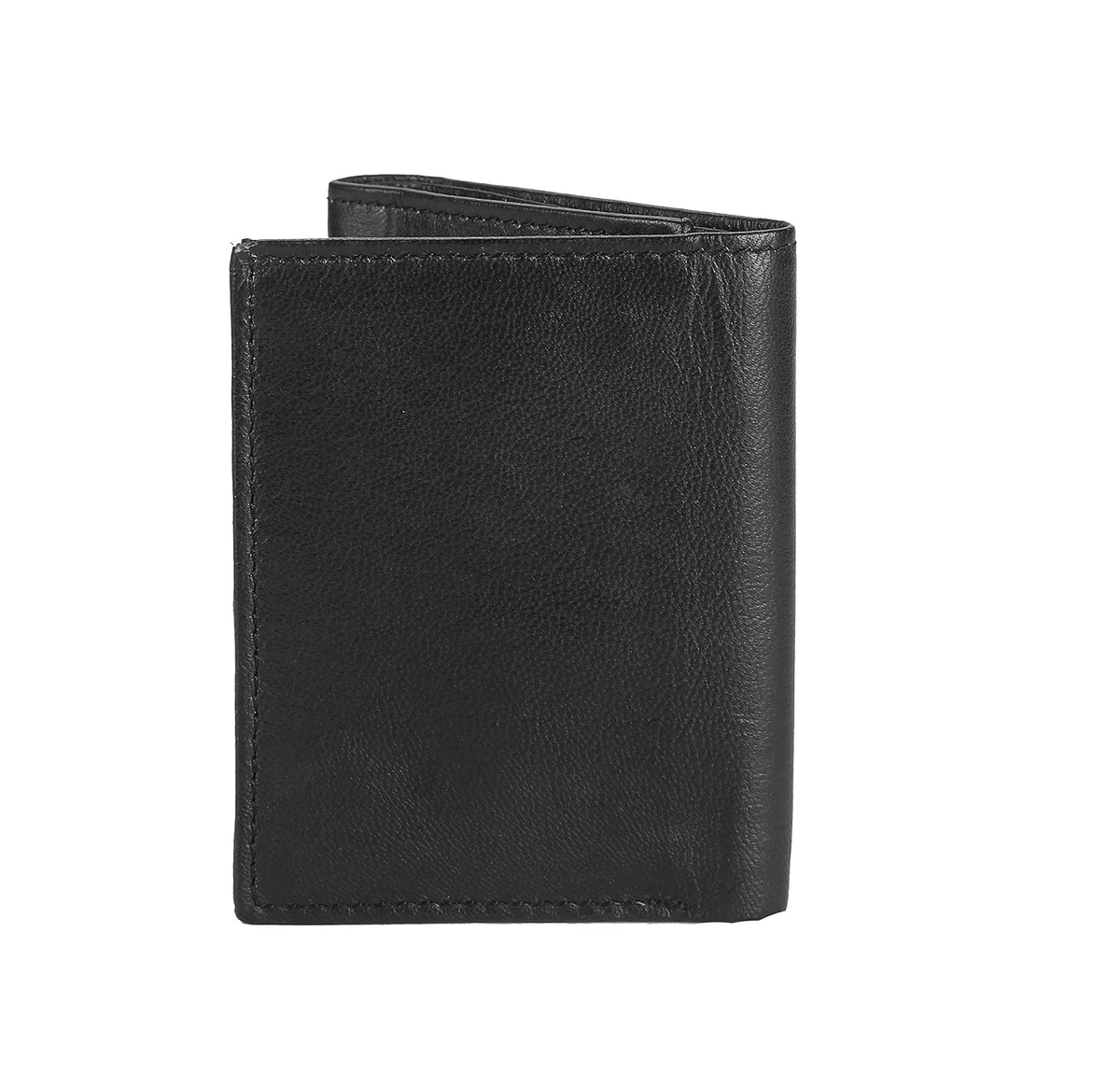 A black leather bi-fold wallet with a pebbled texture, shown closed on a plain white background.