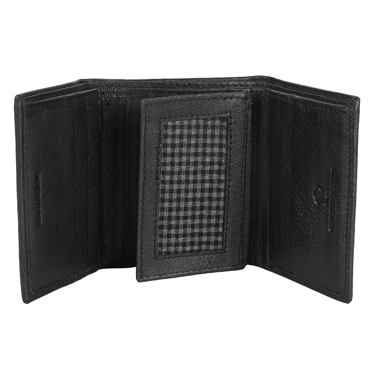 Genuine leather trifold wallet for men with RFID protection — black, ID window detail