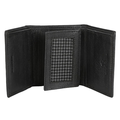 Genuine leather trifold wallet for men with RFID protection — black, ID window detail