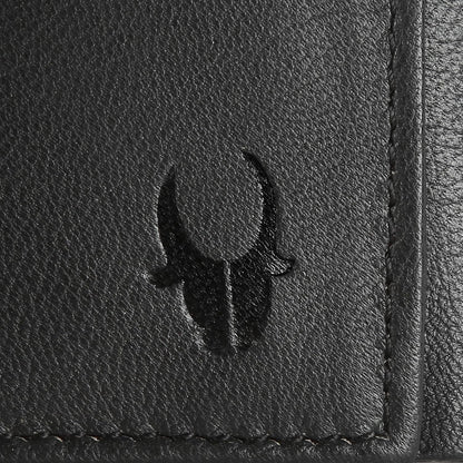 Genuine leather trifold wallet for men with RFID protection — black, card slots open