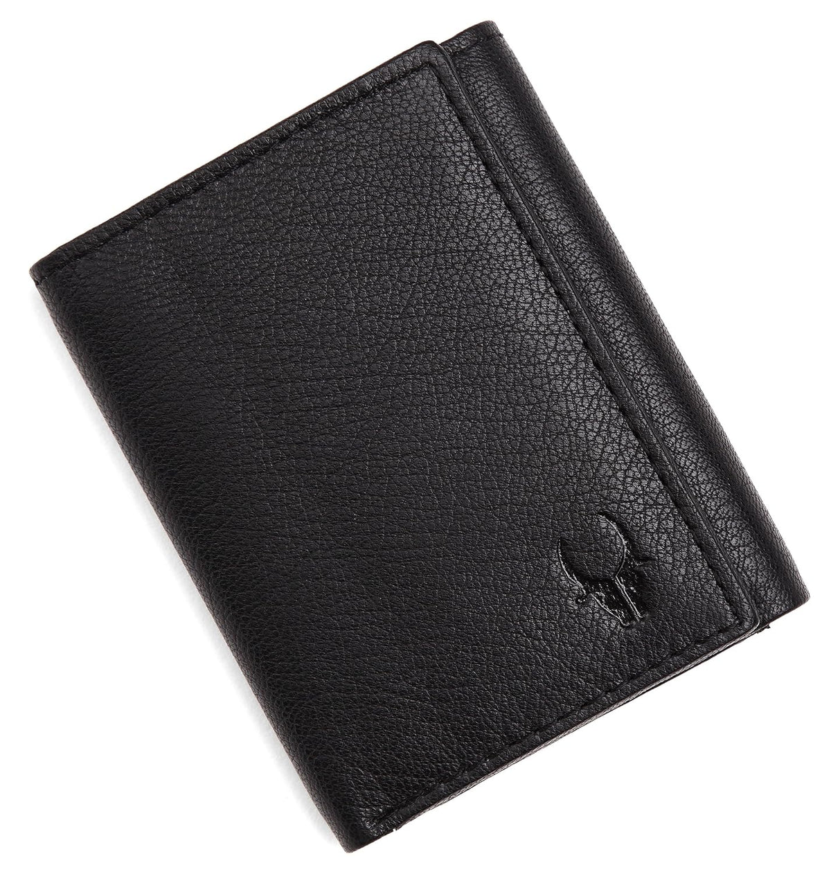 Genuine leather trifold wallet for men with RFID protection — black, front view