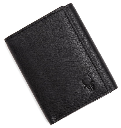 Genuine leather trifold wallet for men with RFID protection — black, front view