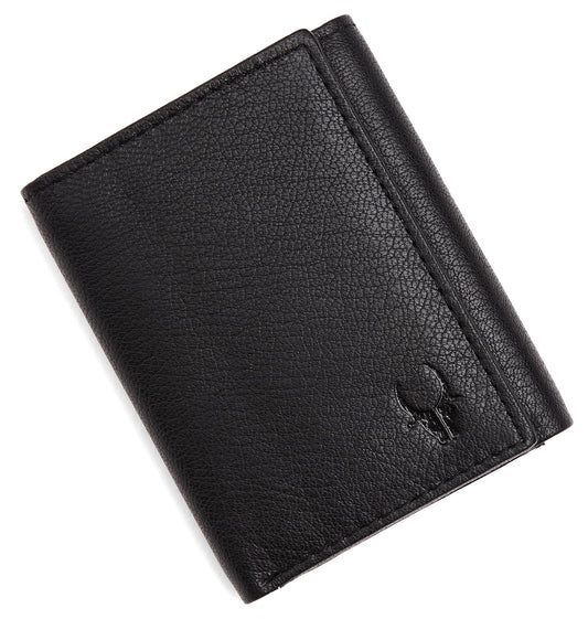 Genuine leather trifold wallet for men with RFID protection — black, front view