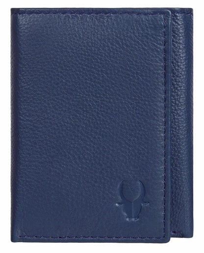 Genuine leather trifold wallet for men with RFID protection — blue, card slots open