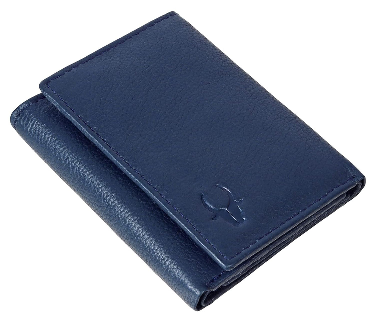 Genuine leather trifold wallet for men with RFID protection — Blue, card slots open
