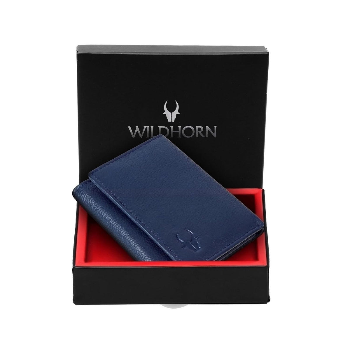 Genuine leather trifold wallet for men with RFID protection — blue, front view
