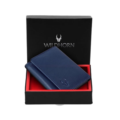 Genuine leather trifold wallet for men with RFID protection — blue, front view