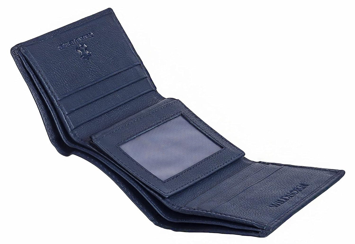 A navy blue leather bi-fold wallet shown open, displaying its interior compartments, card slots, and a clear ID window, on a plain white background.