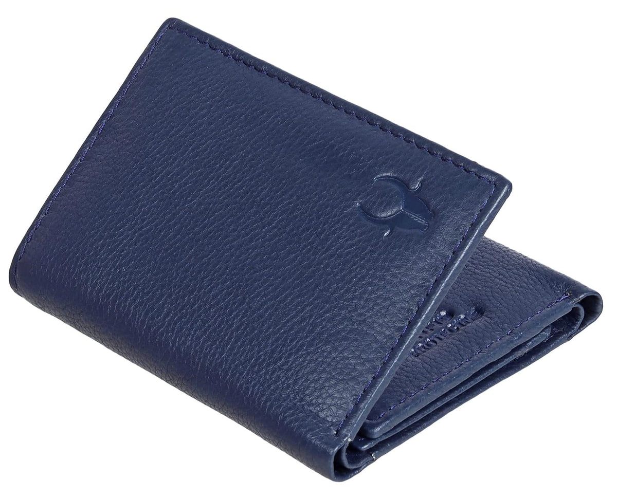 A navy blue textured leather bifold wallet with an embossed logo on the front, shown on a plain white background.