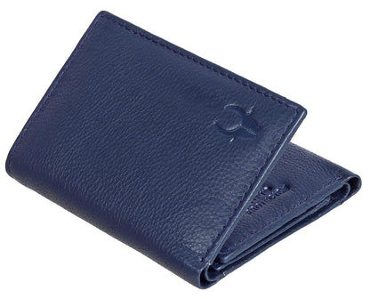 A navy blue textured leather bifold wallet with an embossed logo on the front, shown on a plain white background.