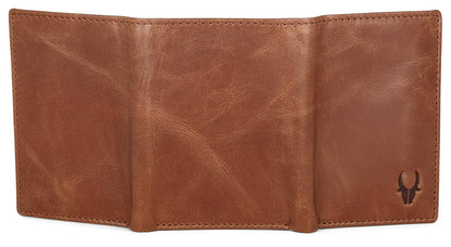 A brown leather bifold wallet shown open against a plain white background, featuring Wildhorn logo on the lower right panel. available in Mauritius