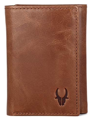 Genuine leather trifold wallet for men with RFID protection — tan, front view