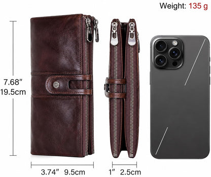 Genuine leather women's wallet brown angle view snap button strap — bags.mu Mauritius