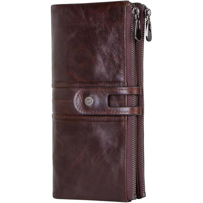Genuine leather women's wallet brown front double zip RFID protection — bags.mu Mauritius