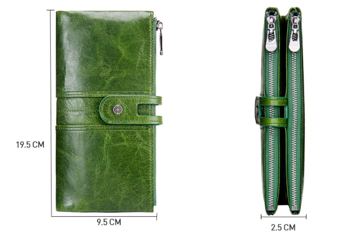Genuine leather women's wallet green angle view snap button strap — bags.mu Mauritius