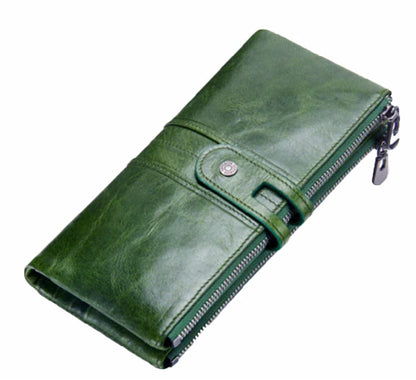 Genuine leather women's wallet green front double zip RFID protection — bags.mu Mauritius