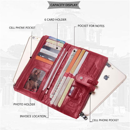 An open red leather wallet organizer shown on a light gray background with labeled callouts for capacity features such as cell phone pockets, photo holder, invoice location, card holder, and pockets for notes. No person or real environment is present; this is a product-focused explanatory image — bags.mu Mauritius