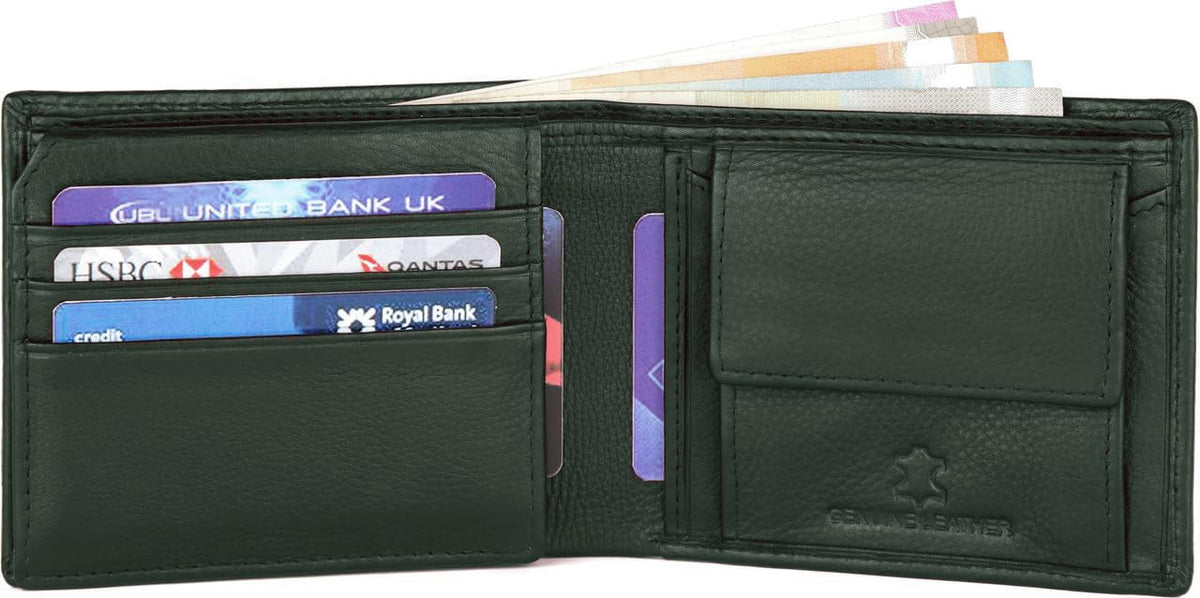 Dual cash and billfold compartments on men green leather wallet Bags.mu