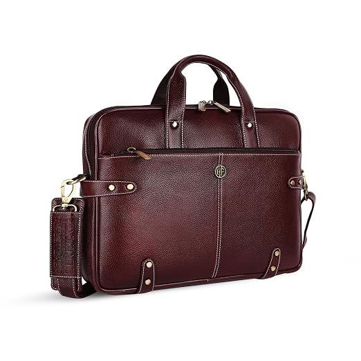Hammonds Flycatcher genuine leather laptop briefcase in brown — angle hero shot showing full grain texture and brass hardware — bags.mu Mauritius