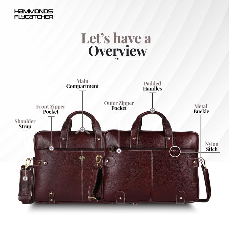 Hammonds Flycatcher genuine leather laptop briefcase brown — feature overview showing main compartment, front zipper pocket, padded handles, shoulder strap and metal buckle — bags.mu Mauritius