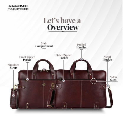 Hammonds Flycatcher genuine leather laptop briefcase brown — feature overview showing main compartment, front zipper pocket, padded handles, shoulder strap and metal buckle — bags.mu Mauritius